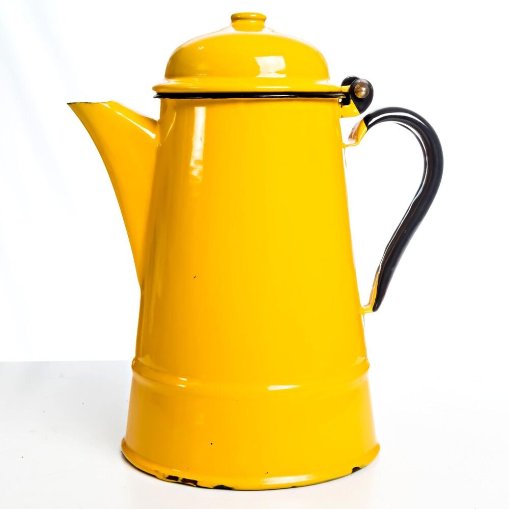 Vintage Yellow Enamel Coffee Pot with Lid - Made in Poland